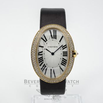 Large Cartier Baignoire 18K Yellow Gold Case Diamond Bezel Fabric Satin Strap Ladies Watch WB520022 Beverly Hills Watch Company Watches